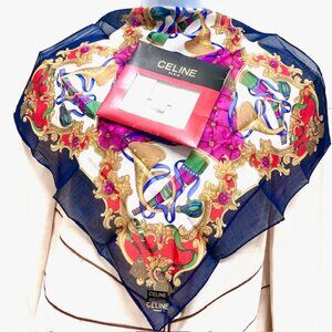 New  W/Box Celine Paris Mini Scarf 19" Cotton blue white purole tassel logo( 55)